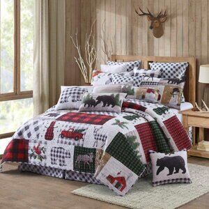 Country Lodge Patchwork 3pc F/Q or King Quilt set Christmas Winter Themed